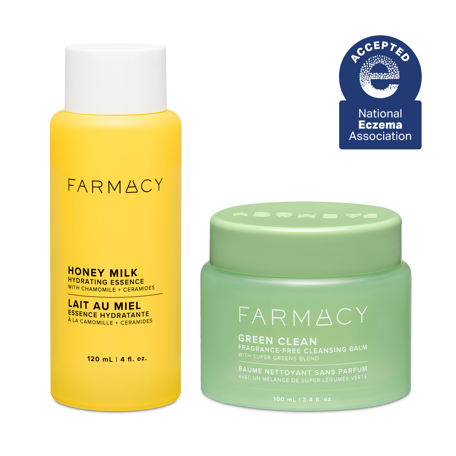 Farmacy Sensitive Skin Duo featuring Honey Milk Essence 120 mL and Green Clean Fragrance-Free 100 mL on a white background. A blue National Eczema Association Acceptance badge is featured in the top right.