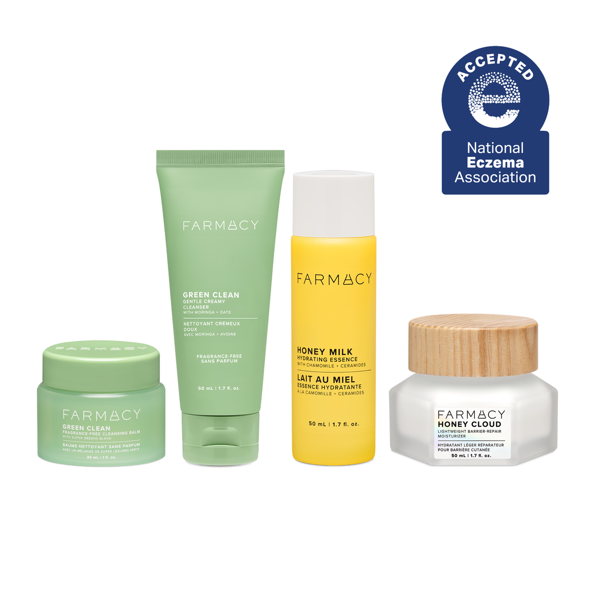 Farmacy Sensitive Skin Glow Routine Kit featuring Green Clean Fragrance-Free 30 mL, Gentle Creamy Cleanser 50 mL, Honey Milk Essence 50 mL and Honey Cloud Moisturizer 50 mL on a white background. A blue National Eczema Association Accepted badge is featured on the top right.