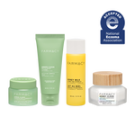 Farmacy Sensitive Skin Glow Routine Kit featuring Green Clean Fragrance-Free 30 mL, Gentle Creamy Cleanser 50 mL, Honey Milk Essence 50 mL and Honey Cloud Moisturizer 50 mL on a white background. A blue National Eczema Association Accepted badge is featured on the top right.