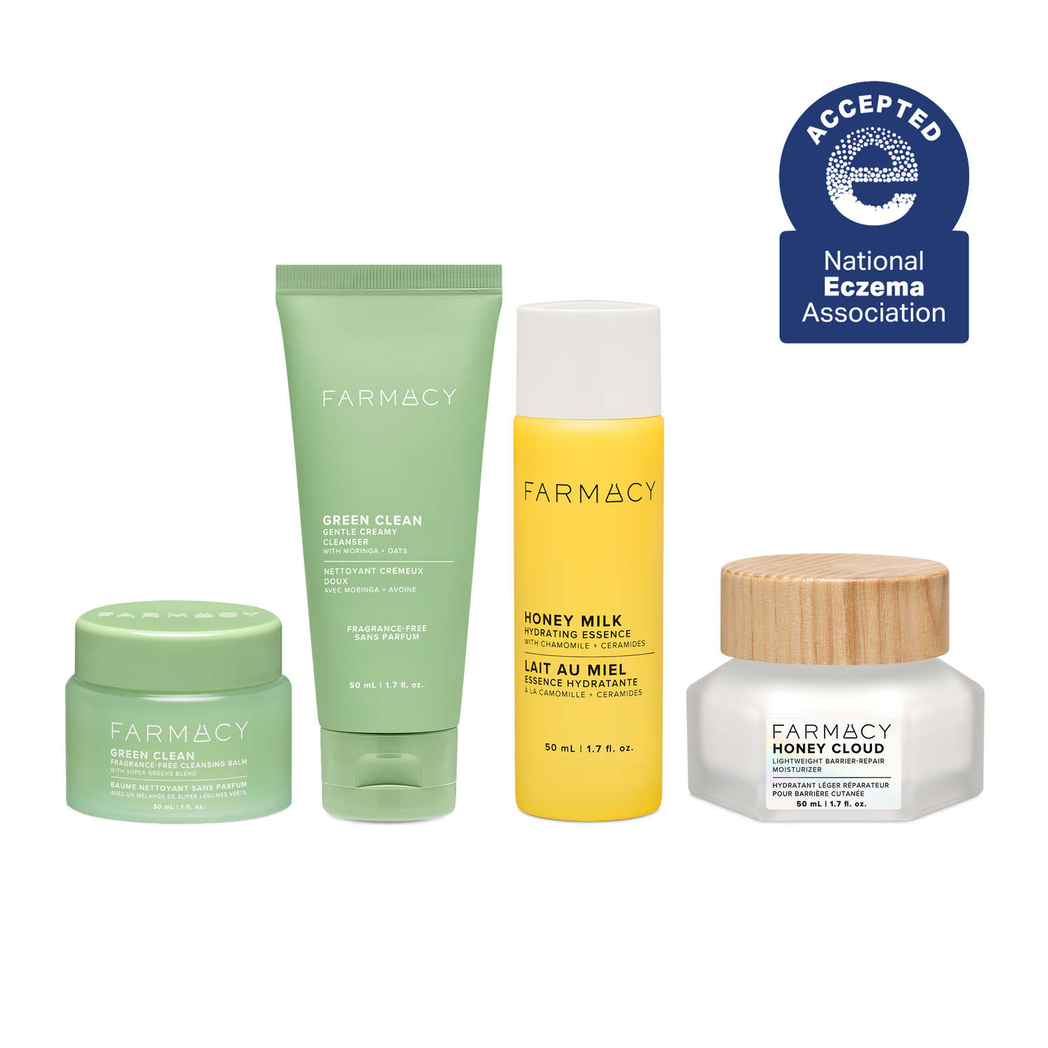 Farmacy Sensitive Skin Glow Routine Kit featuring Green Clean Fragrance-Free 30 mL, Gentle Creamy Cleanser 50 mL, Honey Milk Essence 50 mL and Honey Cloud Moisturizer 50 mL on a white background. A blue National Eczema Association Accepted badge is featured on the top right.