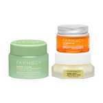 Farmacy Cleanse Comfort Trio featuring a 30 mL jar of Green Clean Fragrance-Free Cleansing Balm, a 10 g jar of Mango Lip Smoothie, and a 15 mL jar of Honey Halo Moisturizer on a white background