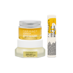 Farmacy Honey Hydration Trio lip care set featuring a  15 mL Honey Halo moisturizer, a Honey Butter lip balm tube, and a 10g jar of Honey Vanilla lip smoothie, arranged on a clean white background.