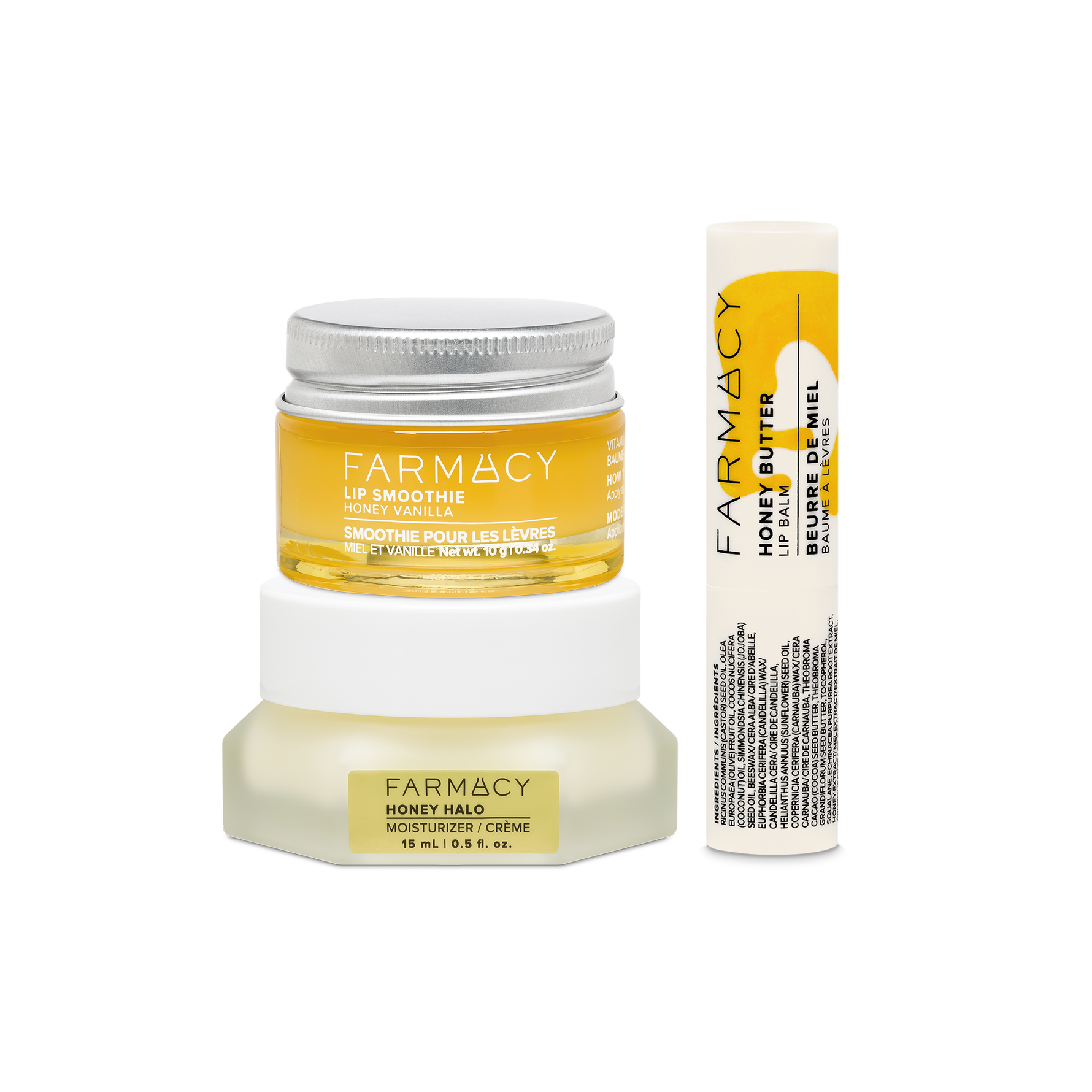 Farmacy Honey Hydration Trio lip care set featuring a  15 mL Honey Halo moisturizer, a Honey Butter lip balm tube, and a 10g jar of Honey Vanilla lip smoothie, arranged on a clean white background.