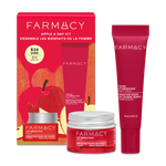 Box of Farmacy Apple A Day Kit next to 10g  jar of Apple Lip Smoothie and 15 mL tube of Tinted Lip Smoothie on a white background