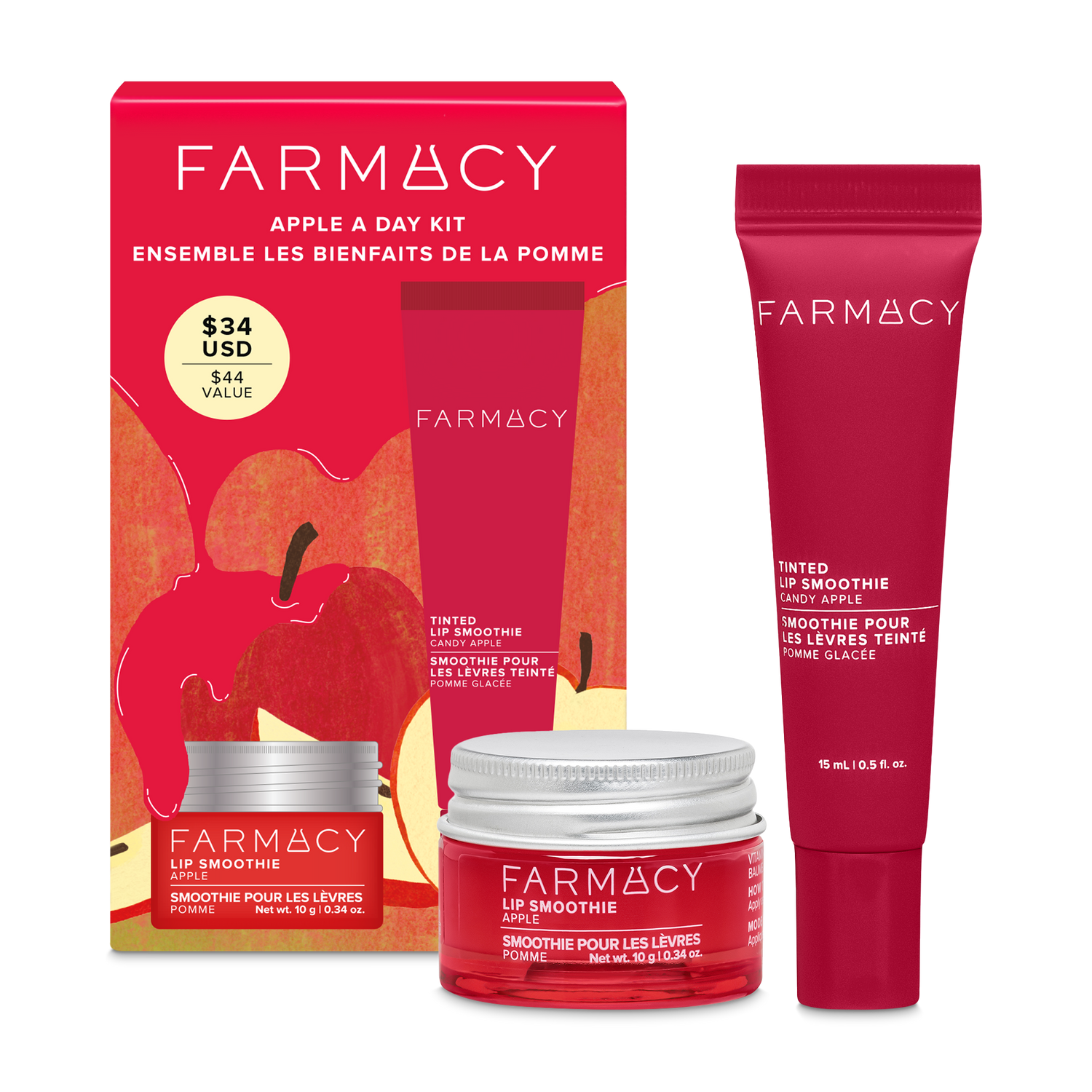 Box of Farmacy Apple A Day Kit next to 10g  jar of Apple Lip Smoothie and 15 mL tube of Tinted Lip Smoothie on a white background