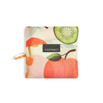 A square reusable fabric pouch with a fruit print featuring a peach, kiwi slice, and green leaves, with a black label reading 'FARMACY' and a small orange loop on the left side, shown on a white background