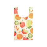 A reusable Farmacy x Baggu reusable shopping bag with a watercolor-style fruit print featuring oranges, apples, pears, and kiwi slices on a white background