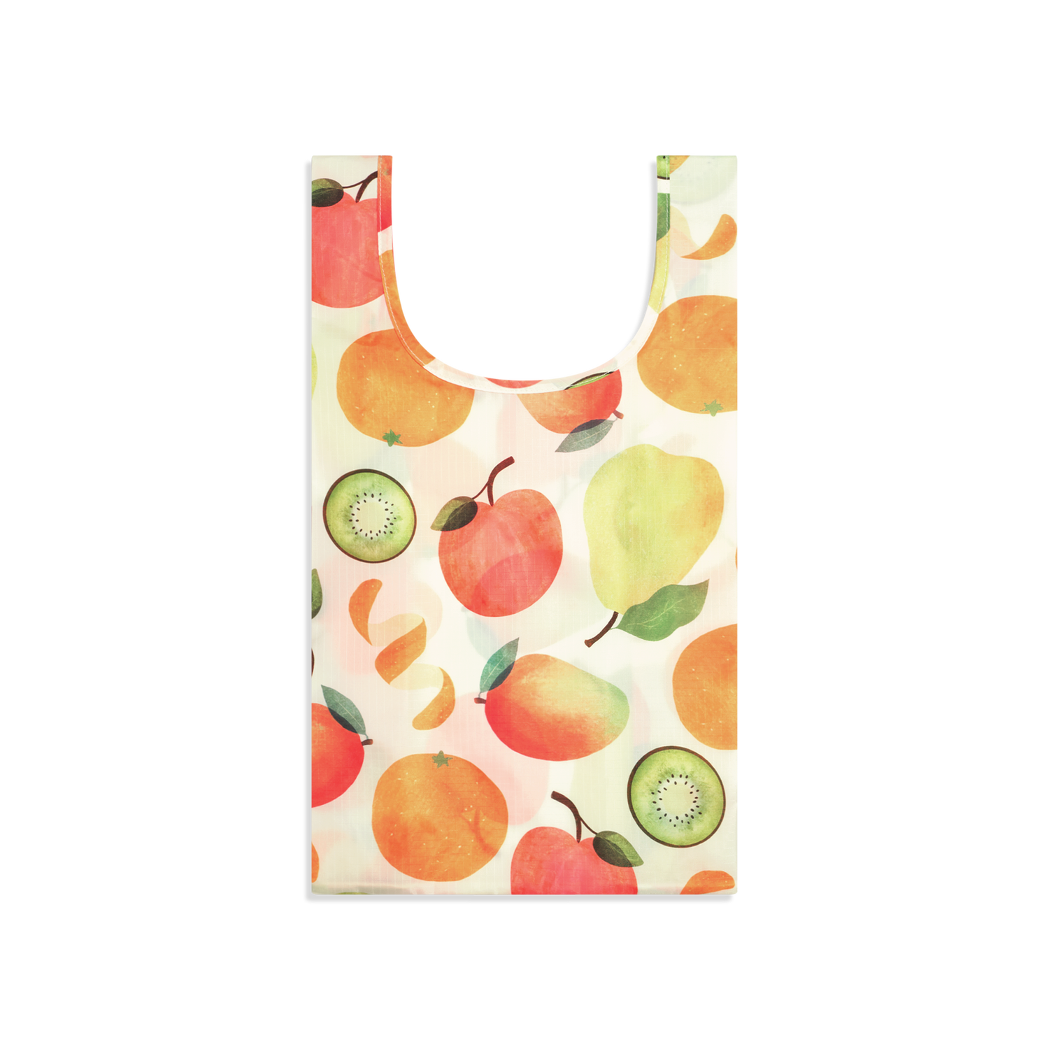 A reusable Farmacy x Baggu reusable shopping bag with a watercolor-style fruit print featuring oranges, apples, pears, and kiwi slices on a white background
