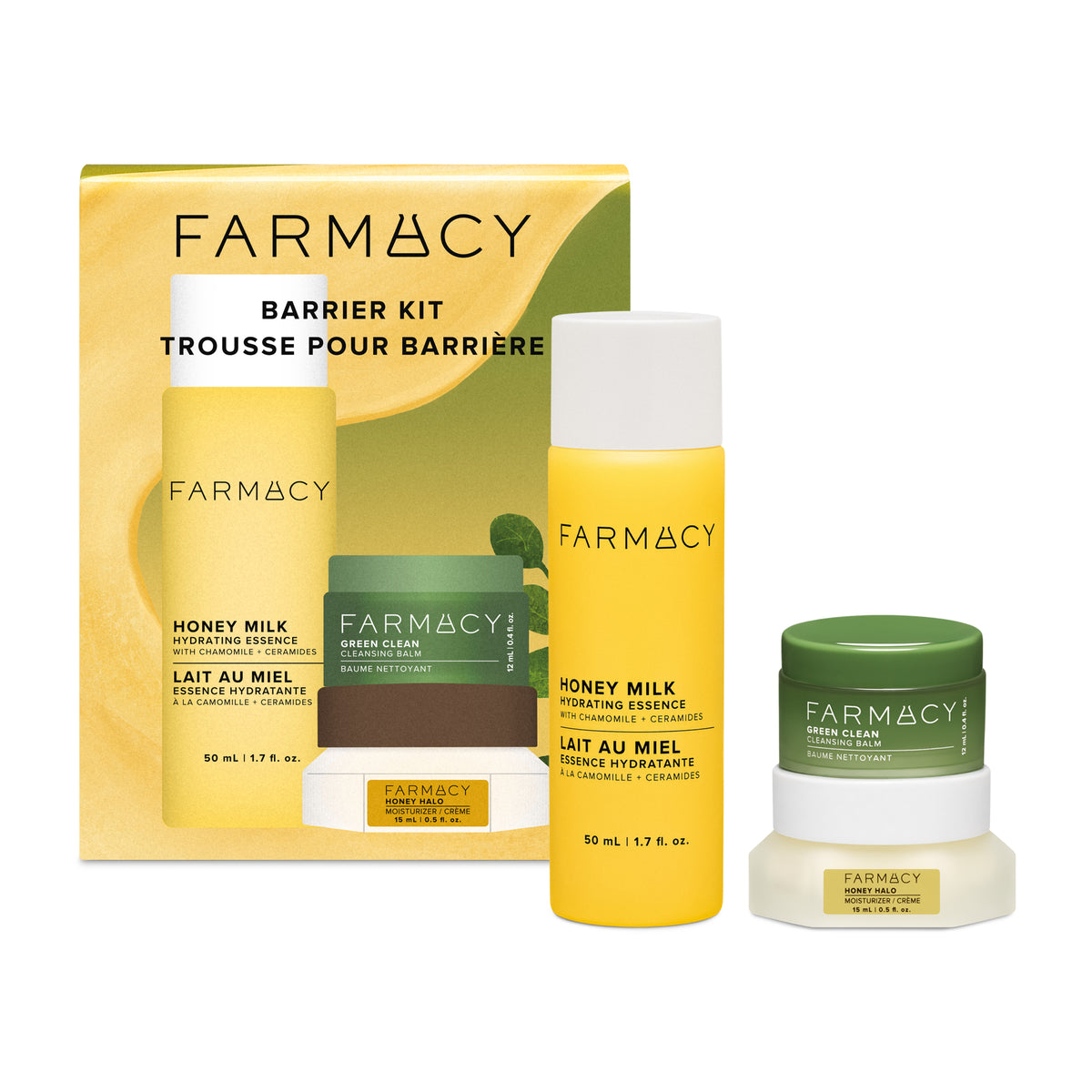 Farmacy Barrier Kit box with Honey Milk Hydrating Essence 50 mL (1.7 fl. oz.), Green Clean Makeup Meltaway Cleansing Balm 15 mL (0.5 fl. oz.), and Honey Halo Ultra-Hydrating Ceramide Moisturizer 15 mL (0.5 fl. oz.) on a white background