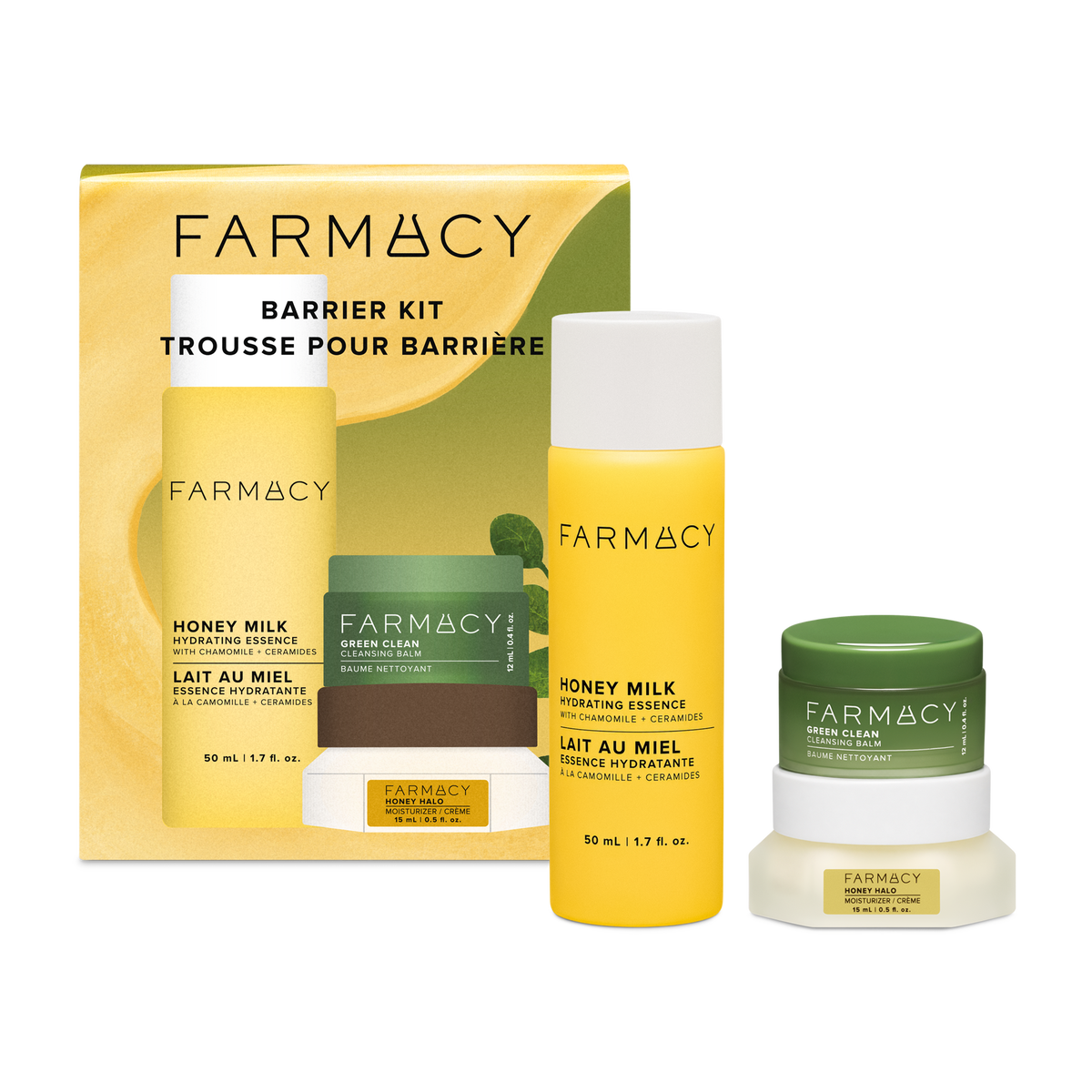 Farmacy  Barrier Kit skincare set including a 50mL Honey Milk Essence bottle, a 12mL Green Clean jar, and a 15mL Honey Halo moisturizer jar on a white background.