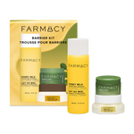 Farmacy  Barrier Kit skincare set including a 50mL Honey Milk Essence bottle, a 12mL Green Clean jar, and a 15mL Honey Halo moisturizer jar on a white background.