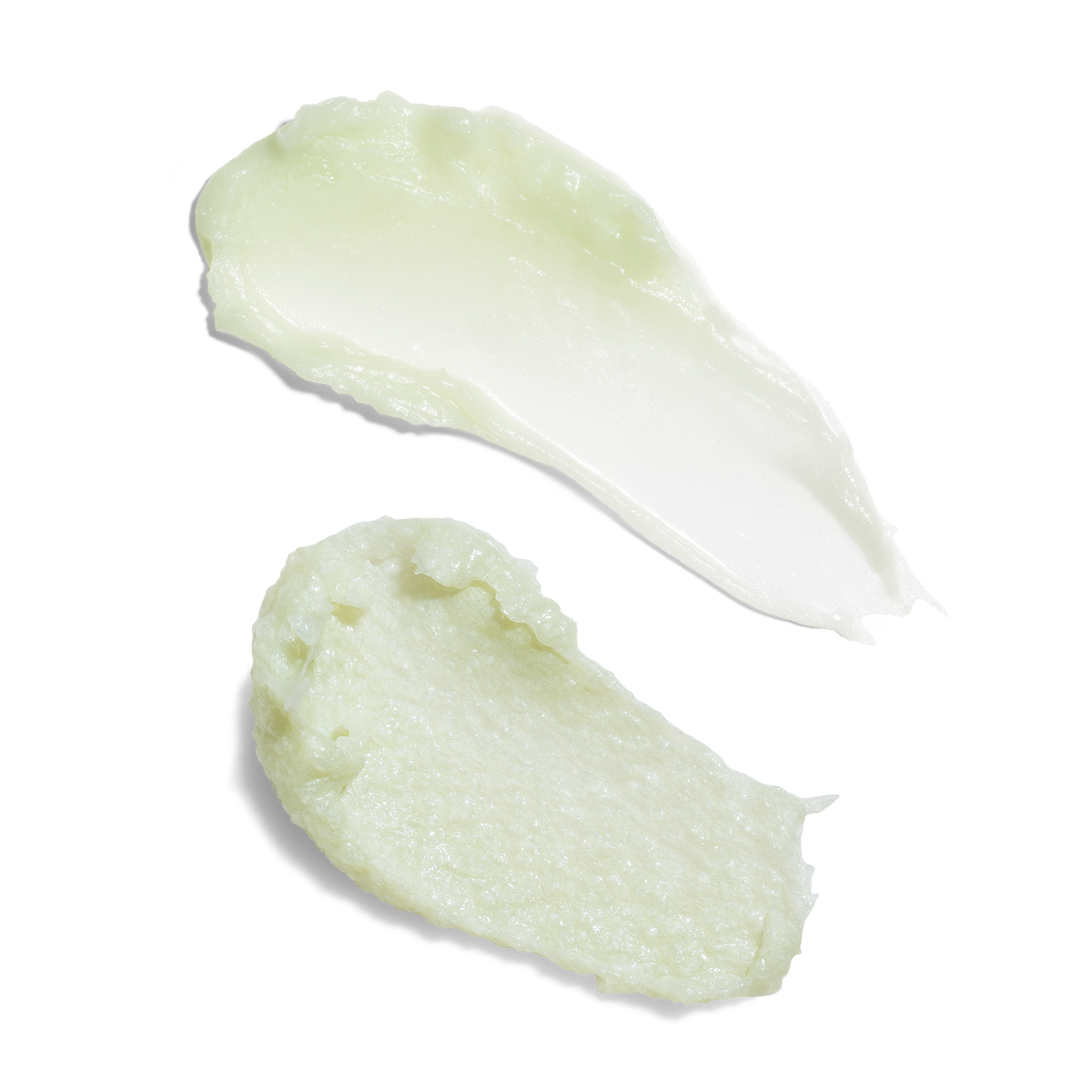 Two swatches of Green Clean Cleansing Balm and Green Clean Whipped Foaming Cleanser on a white background