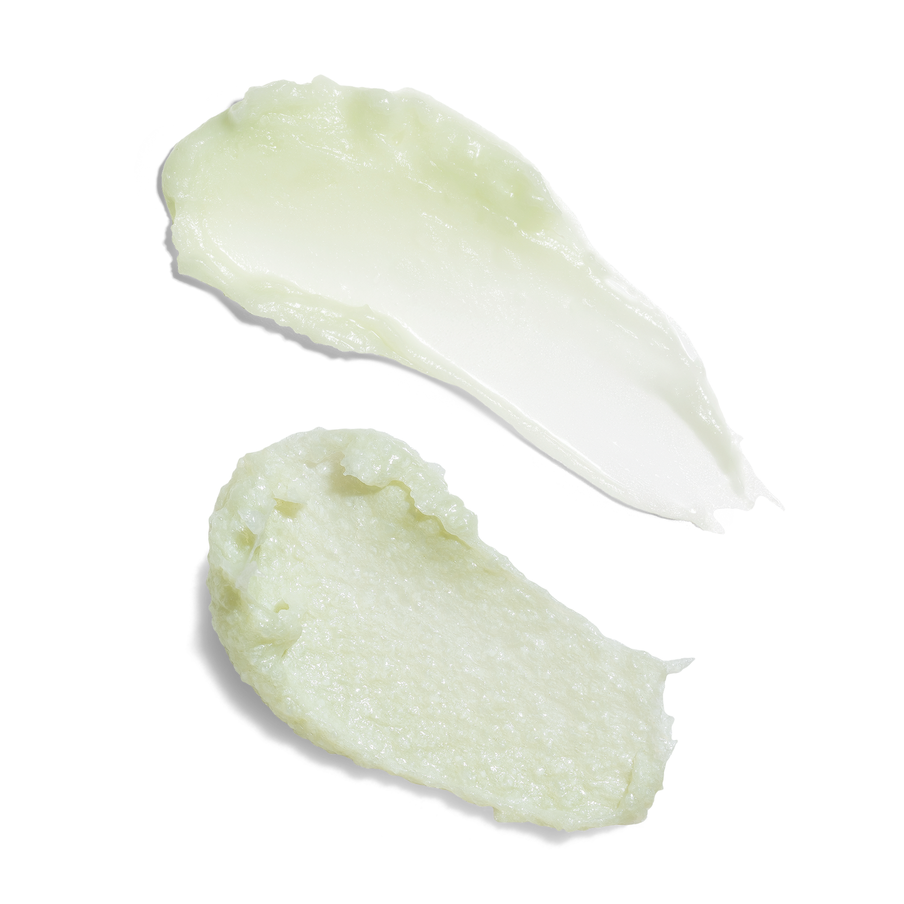Two swatches of Green Clean Cleansing Balm and Green Clean Whipped Foaming Cleanser on a white background