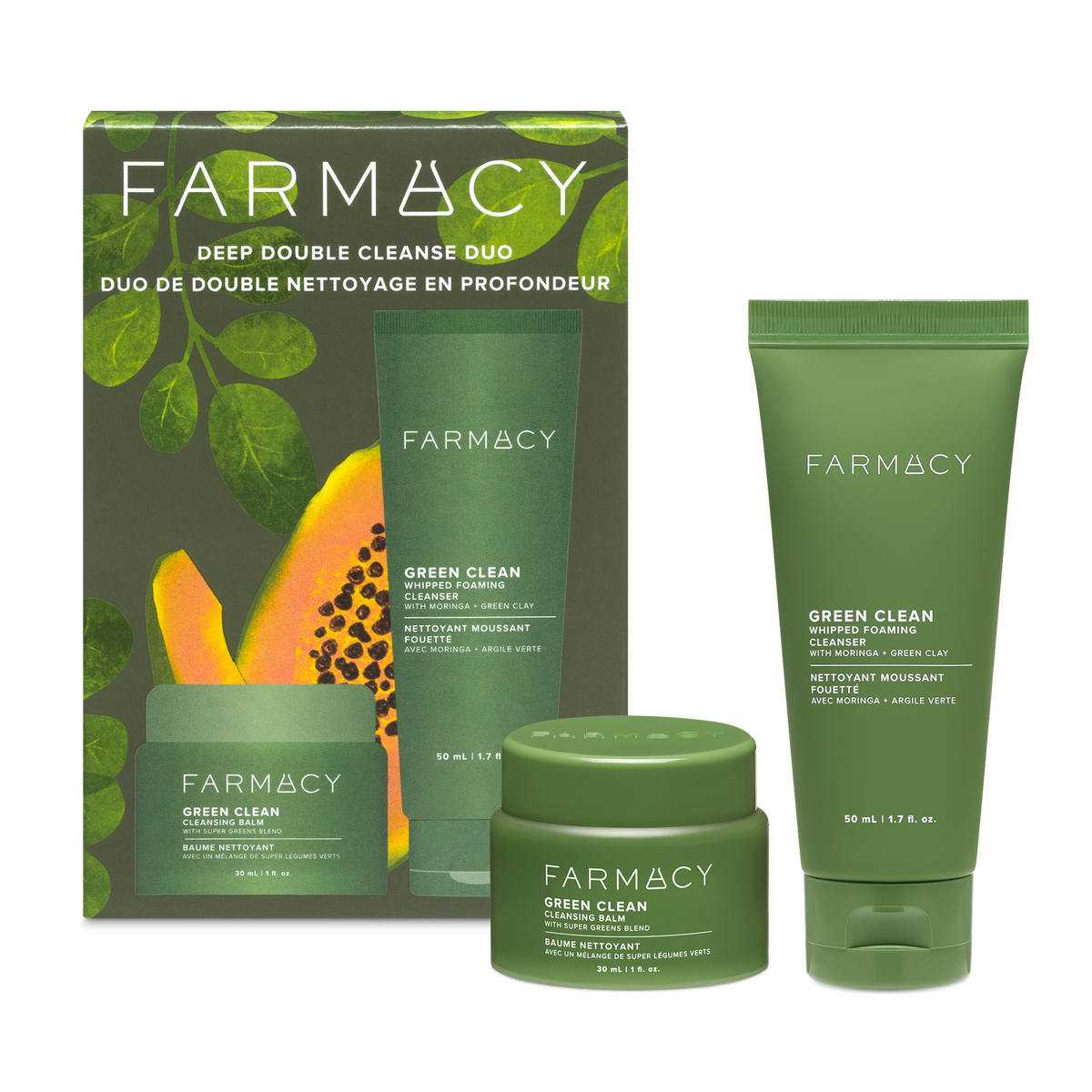 Farmacy Deep Double Cleanse Duo Kit featuring a green illustrated box, a 30 mL jar of Green Clean Cleansing Balm and a Green Clean Whipped Foaming Cleanser 50 mL tube on a white background
