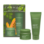 Farmacy Deep Double Cleanse Duo Kit featuring a green illustrated box, a 30 mL jar of Green Clean Cleansing Balm and a Green Clean Whipped Foaming Cleanser 50 mL tube on a white background