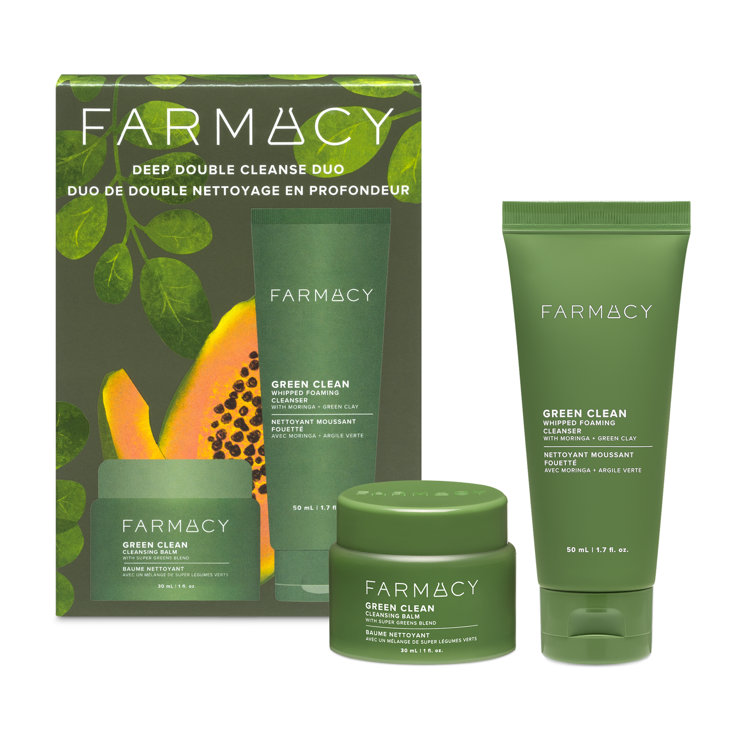 Farmacy Deep Double Cleanse Duo Kit featuring a green illustrated box, a 30 mL jar of Green Clean Cleansing Balm and a Green Clean Whipped Foaming Cleanser 50 mL tube on a white background
