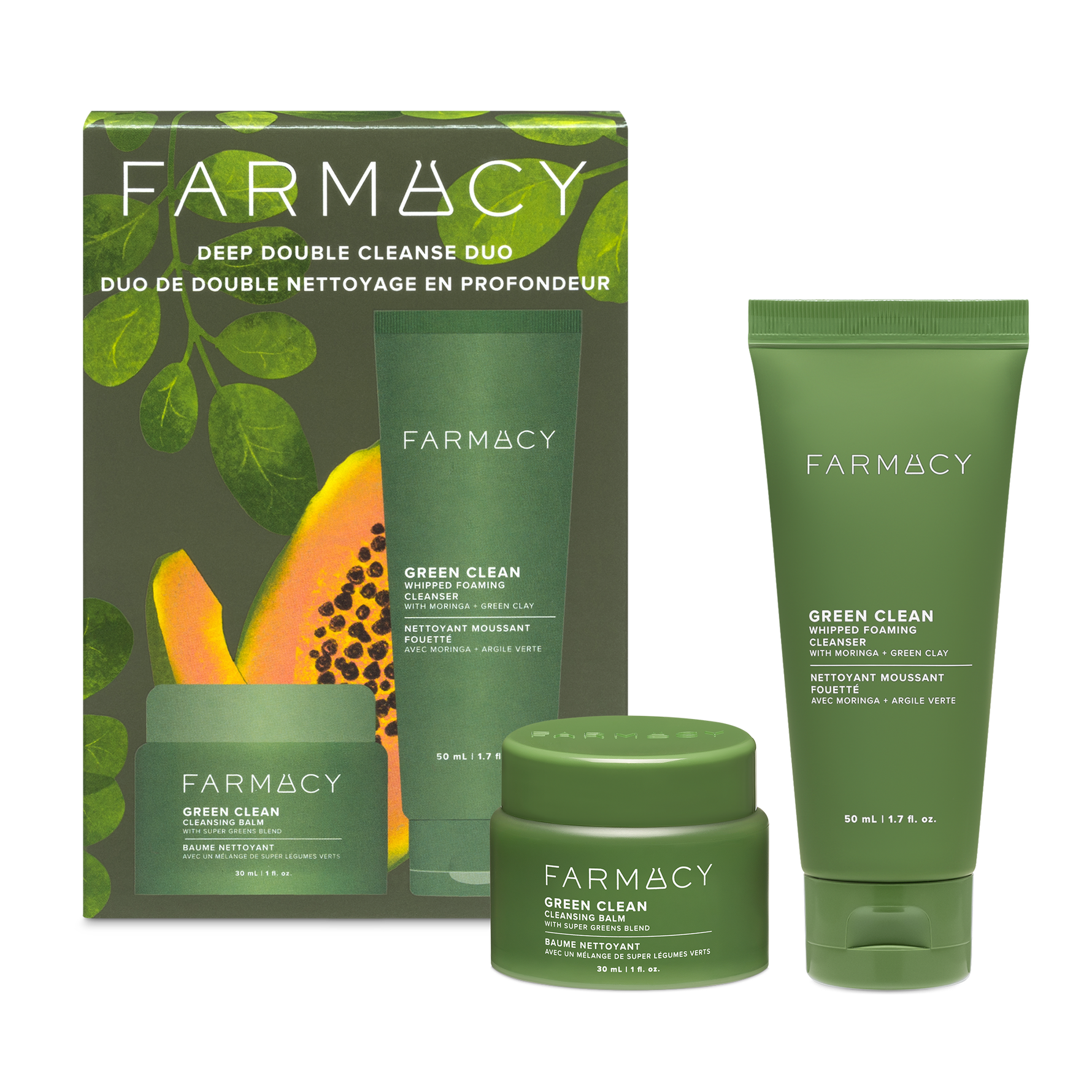 Farmacy Deep Double Cleanse Duo Kit featuring a green illustrated box, a 30 mL jar of Green Clean Cleansing Balm and a Green Clean Whipped Foaming Cleanser 50 mL tube on a white background