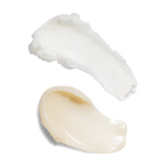 Two swatches of Green Clean Fragrance-Free Cleansing Balm and Green Clean Gentle Creamy Cleanser on a white background