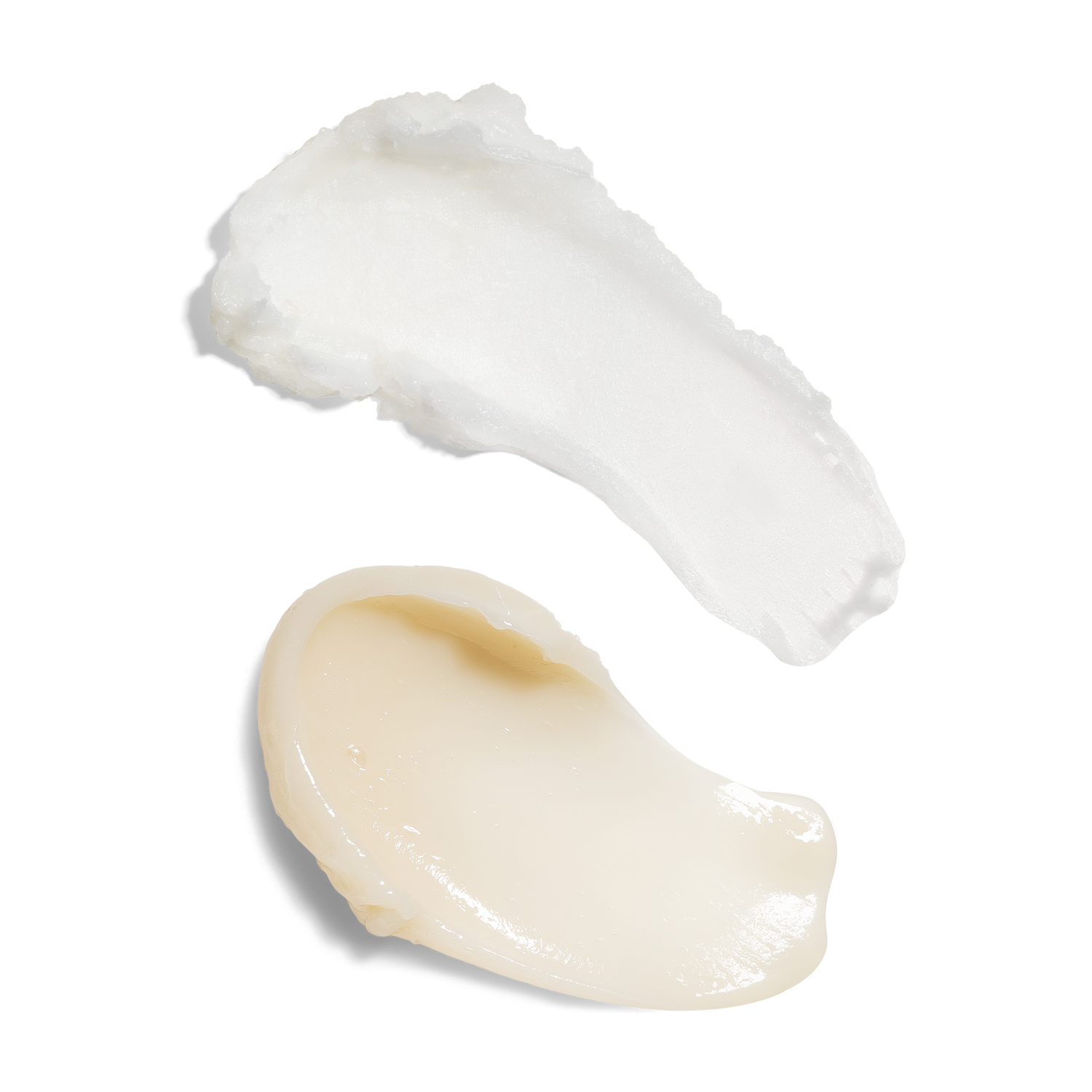 Two swatches of Green Clean Fragrance-Free Cleansing Balm and Green Clean Gentle Creamy Cleanser on a white background