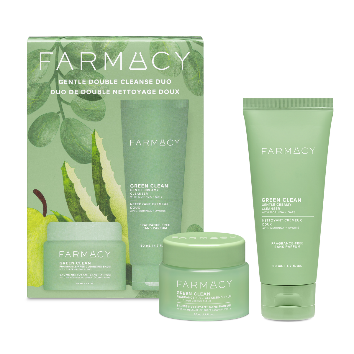 Farmacy Gentle Double Cleanse Duo Kit featuring a green illustrated box, a 30 mL jar of Green Clean Fragrance-Free Cleansing Balm and a Green Clean Gentle Creamy Cleanser 50 mL tube on a white background