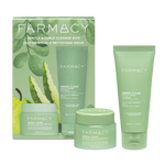 Farmacy Gentle Double Cleanse Duo Kit featuring a green illustrated box, a 30 mL jar of Green Clean Fragrance-Free Cleansing Balm and a Green Clean Gentle Creamy Cleanser 50 mL tube on a white background