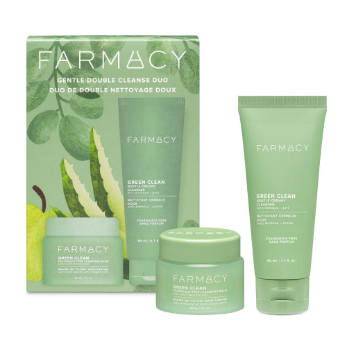 Farmacy Green Clean skincare products including a jar, tube, and box on a white background