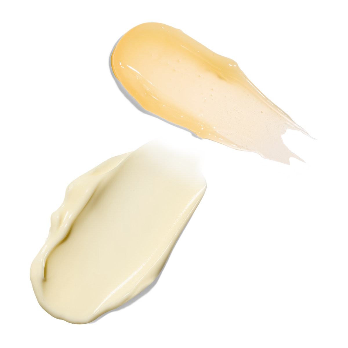 Two swatches of Farmacy Honey Halo Moisturizer and Honey Vanilla Lip Smoothie next to each other on a white background
