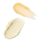 Two swatches of Farmacy Honey Halo Moisturizer and Honey Vanilla Lip Smoothie next to each other on a white background