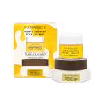 Farmacy Honey Glow Up Kit box next to 10 g jar of Honey Vanilla Lip Smoothie and 15 mL jar of Honey Halo Moisturizer on a white background