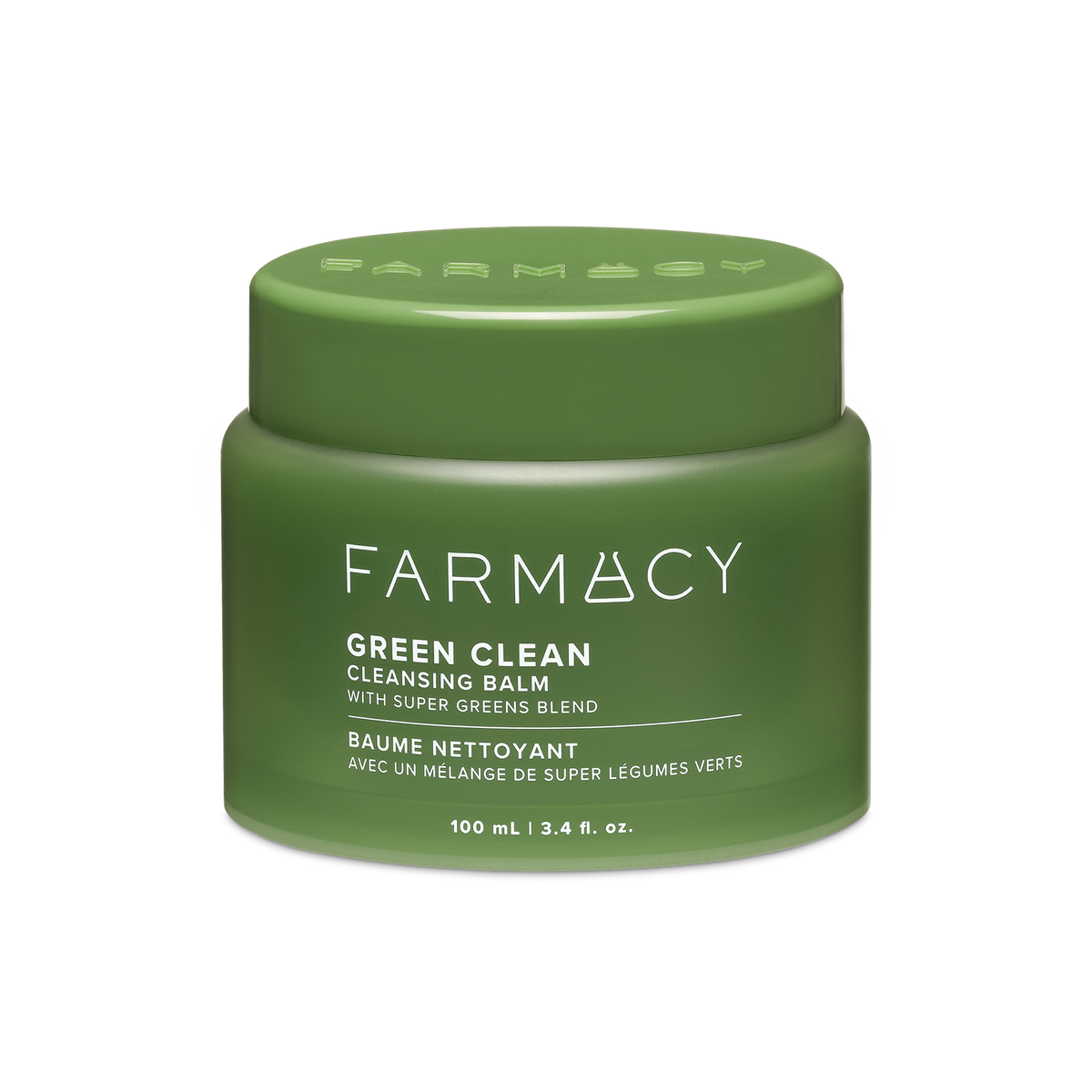 A matte olive green jar of Farmacy Beauty Green Clean Cleansing Balm 100mL on a white background