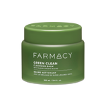 A matte olive green jar of Farmacy Beauty Green Clean Cleansing Balm 100mL on a white background