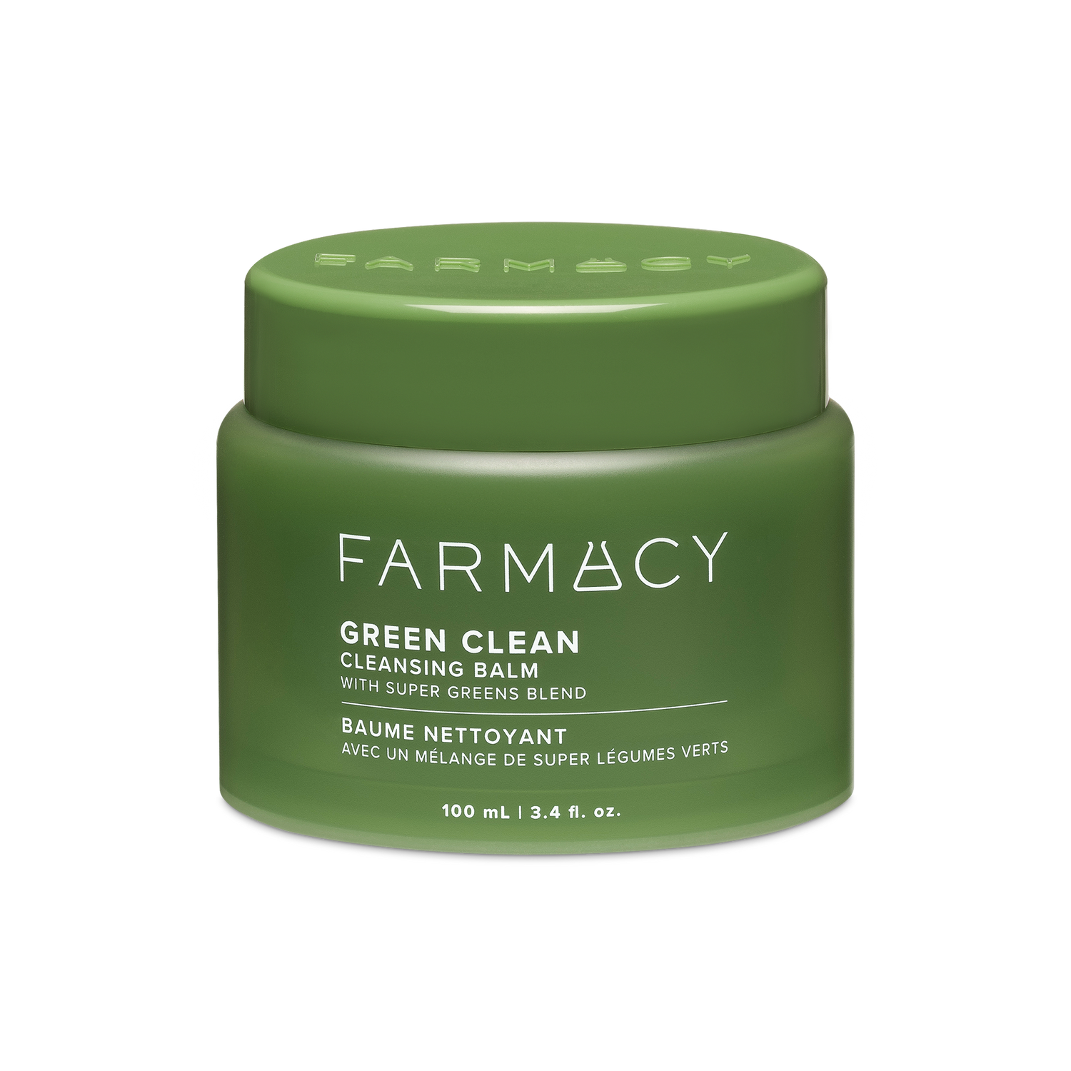 A matte olive green jar of Farmacy Beauty Green Clean Cleansing Balm 100mL on a white background