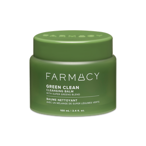 A matte olive green jar of Farmacy Beauty Green Clean Cleansing Balm 100mL on a white background