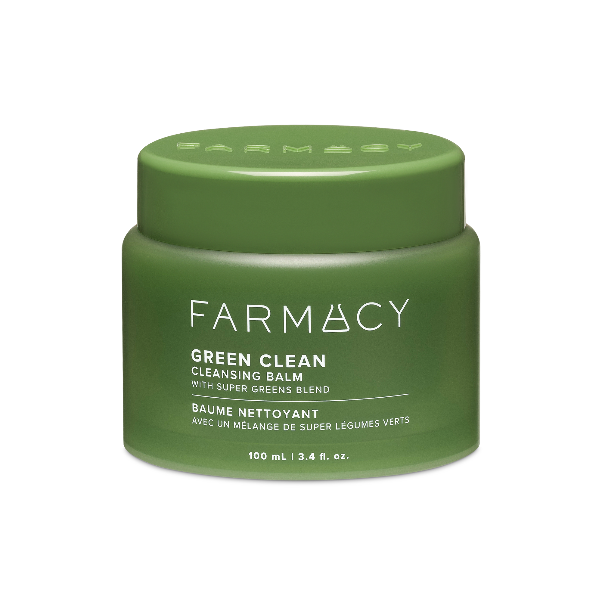 A matte olive green jar of Farmacy Beauty Green Clean Cleansing Balm 100mL on a white background
