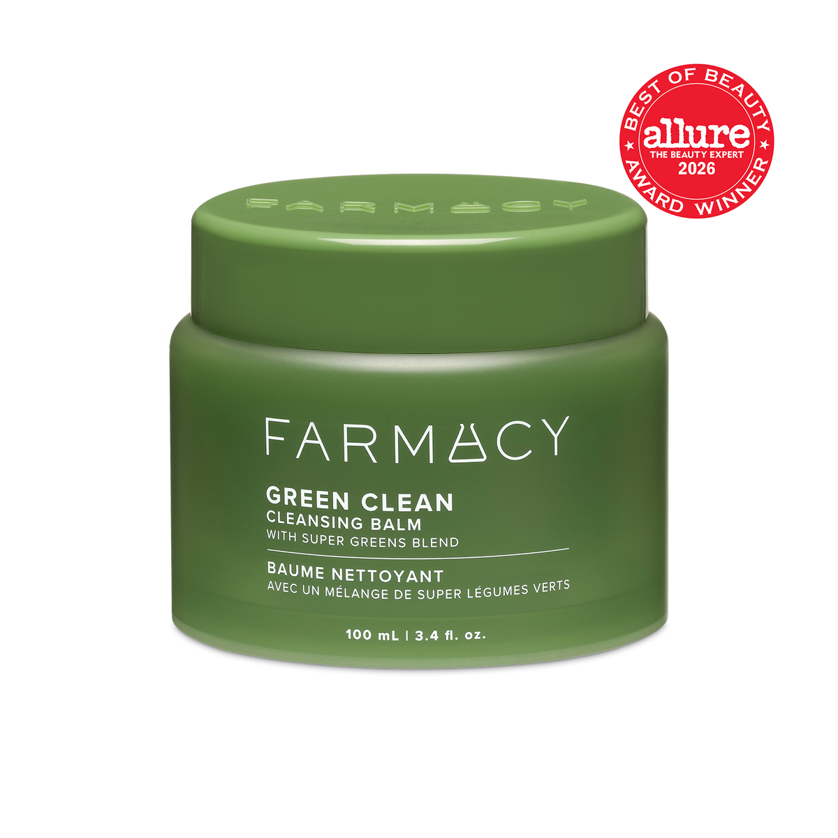 100mL jar of Green Clean Cleansing Balm with a red Allure Best of Beauty Award Winner badge in the top right corner on a white background