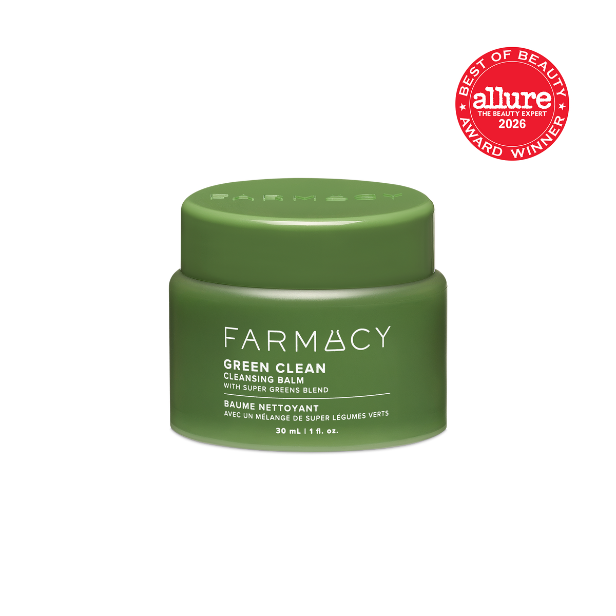 30mL jar of Green Clean Cleansing Balm with a red Allure Best of Beauty Award Winner badge in the top right corner on a white background