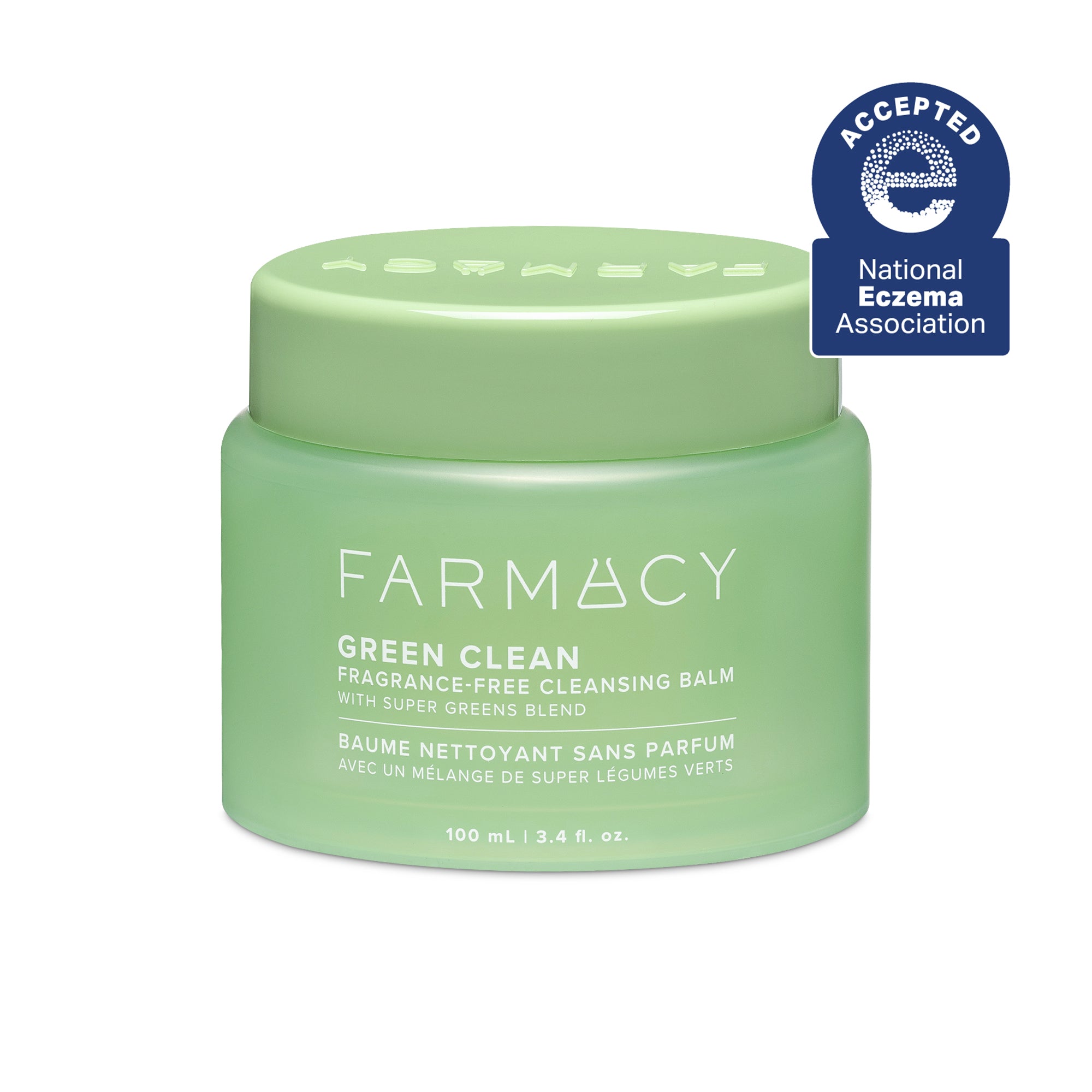 Farmacy Green Clean Fragrance-Free cleansing balm green jar with National Eczema Association seal on white