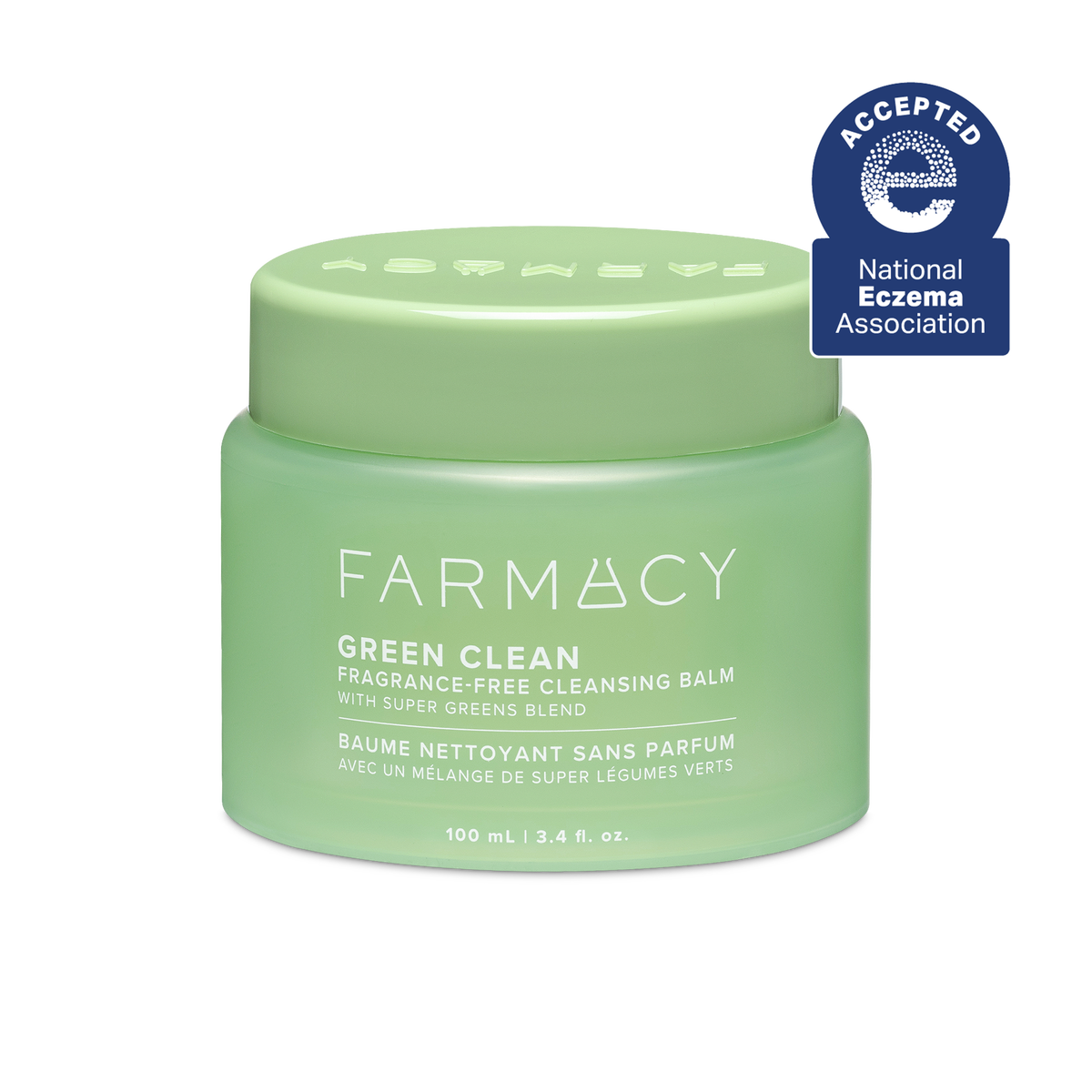 100mL jar of Farmacy Green Clean cleansing balm fragrance-free with National Eczema Association acceptance badge on a white background
