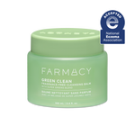 100mL jar of Farmacy Green Clean cleansing balm fragrance-free with National Eczema Association acceptance badge on a white background
