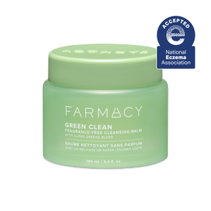 100mL jar of Farmacy Green Clean cleansing balm fragrance-free with National Eczema Association acceptance badge on a white background