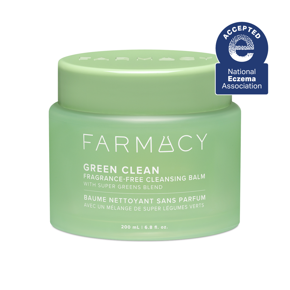 200mL jar of Farmacy Green Clean cleansing balm fragrance-free with National Eczema Association acceptance badge on a white background