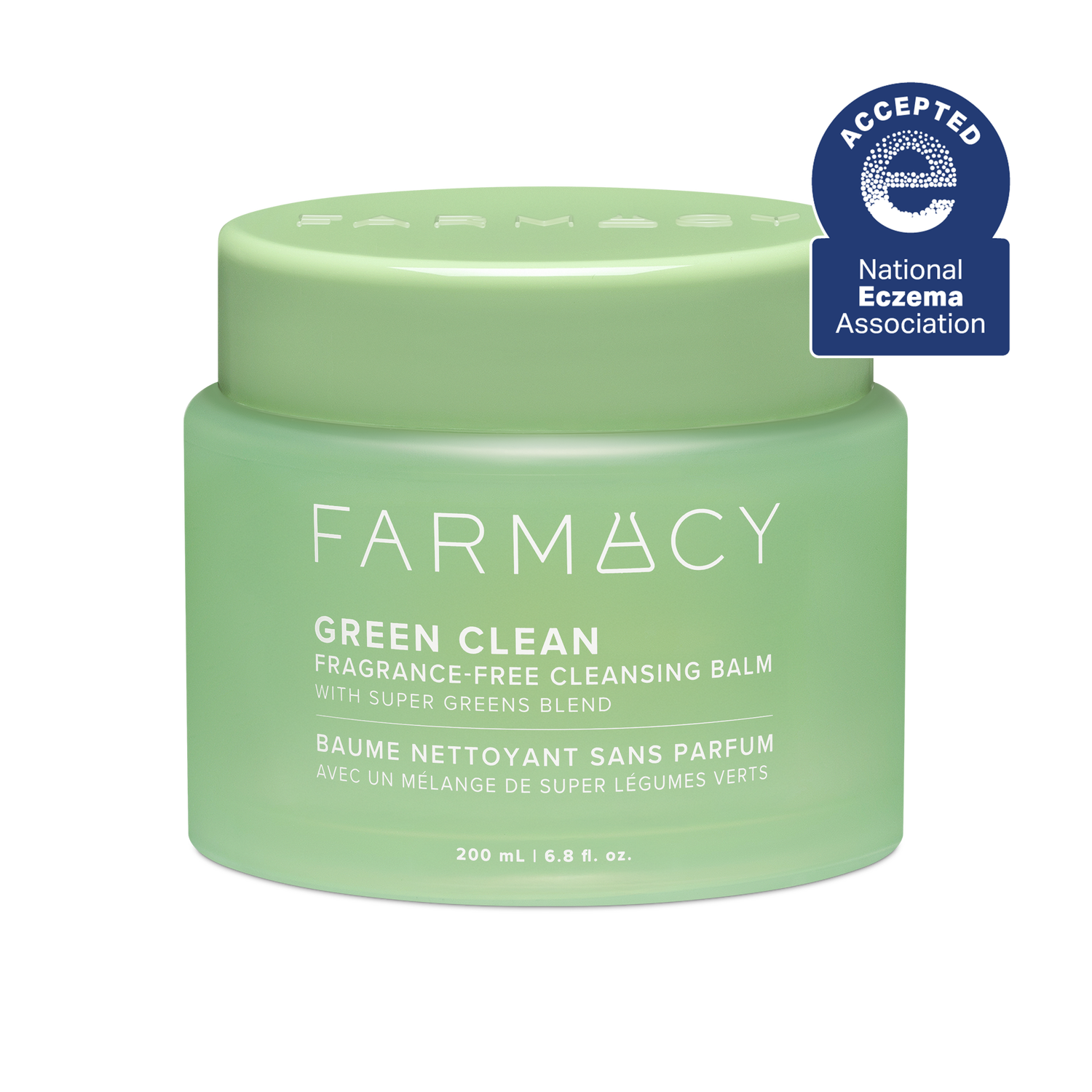 200mL jar of Farmacy Green Clean cleansing balm fragrance-free with National Eczema Association acceptance badge on a white background