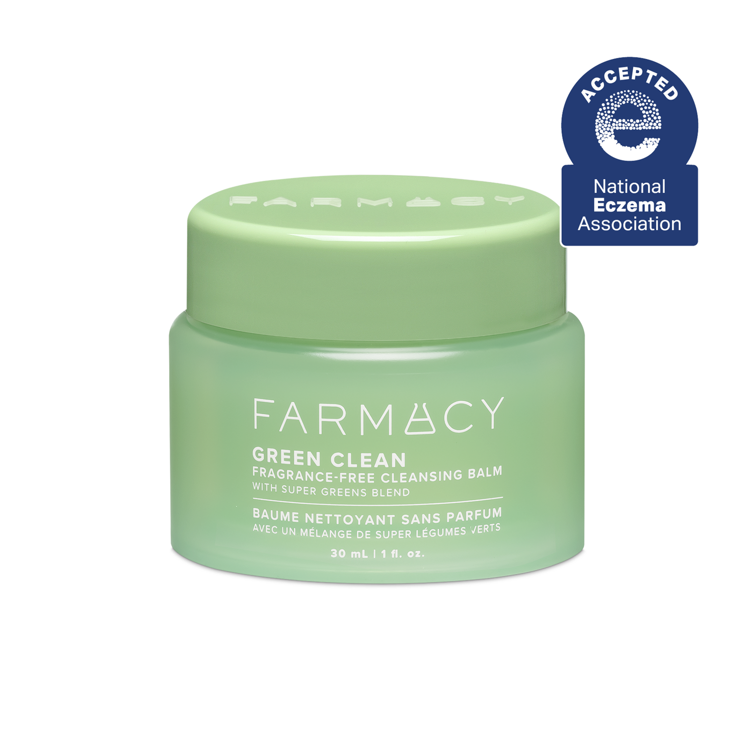 30mL jar of Farmacy Green Clean cleansing balm fragrance-free with National Eczema Association acceptance badge on a white background