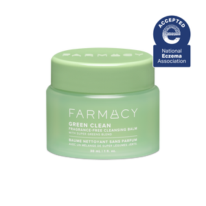 30mL jar of Farmacy Green Clean cleansing balm fragrance-free with National Eczema Association acceptance badge on a white background