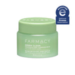 Green jar of Farmacy Green Clean cleansing balm on a white background with National Eczema Association acceptance badge.