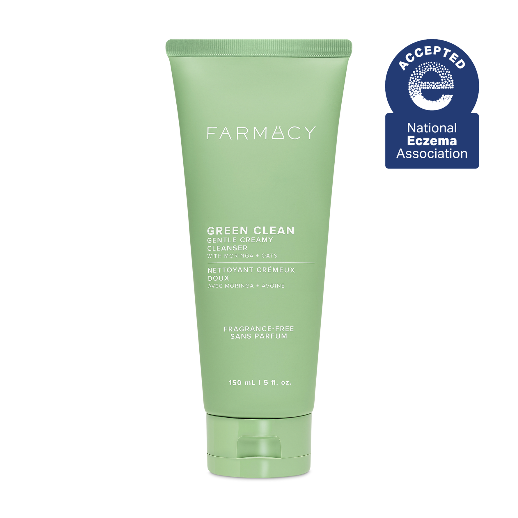 150mL tube of Farmacy Green Clean Fragrance-Free Gentle Creamy Cleanser on a white background with a blue National Eczema Association Accepted seal 