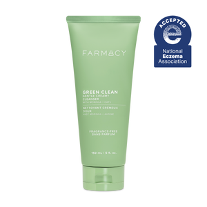150mL tube of Farmacy Green Clean Fragrance-Free Gentle Creamy Cleanser on a white background with a blue National Eczema Association Accepted seal 