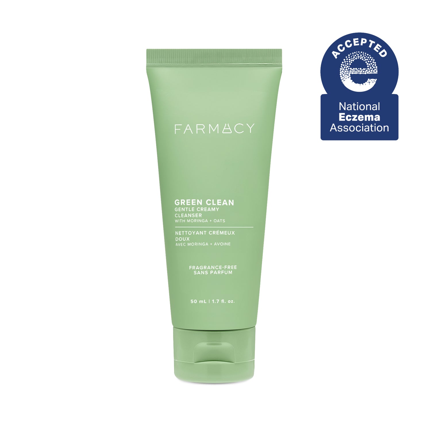 Green tube of Farmacy Green Clean Gentle Cream with National Eczema Association acceptance badge on a white background