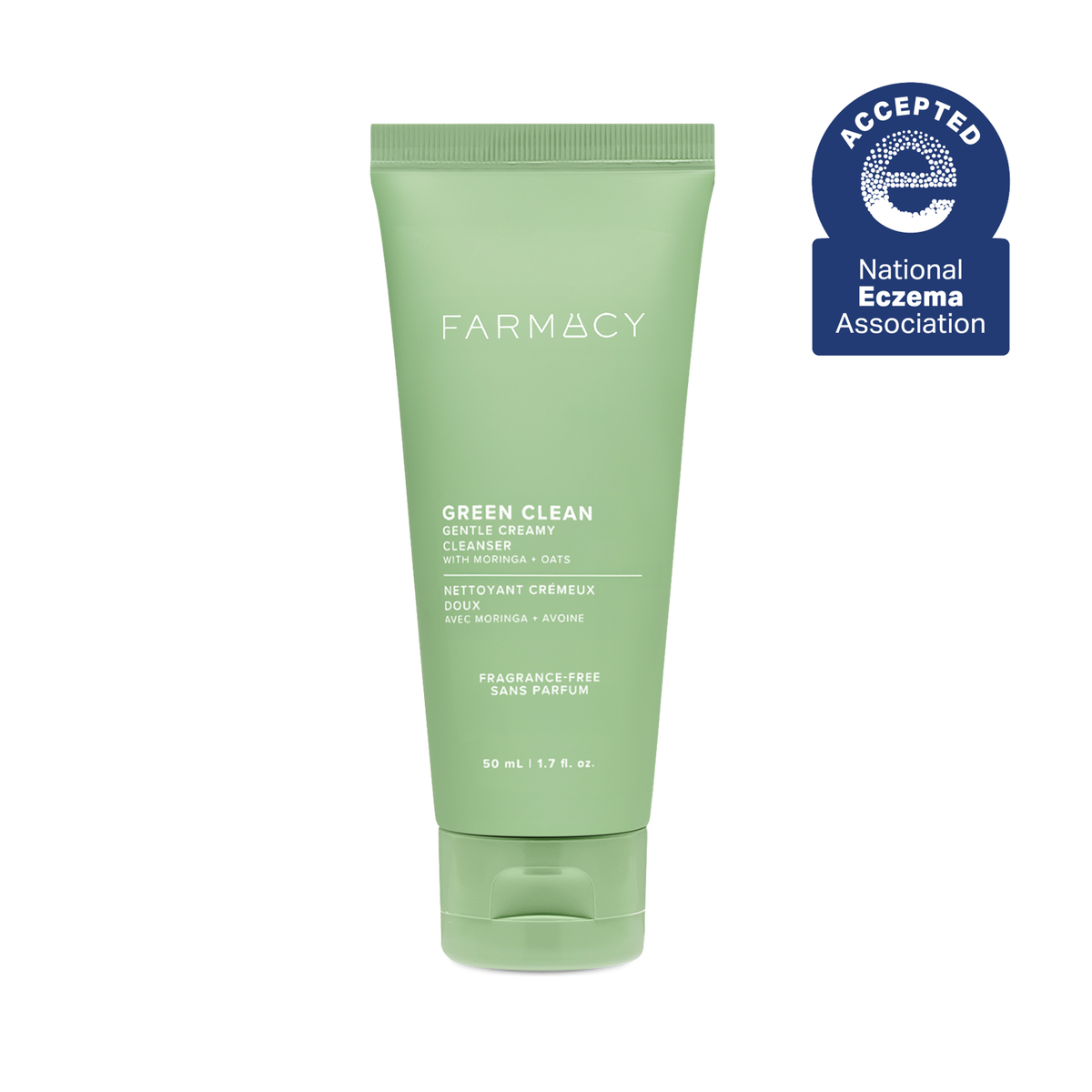 50 mL tube of Farmacy Green Clean Fragrance-Free Gentle Creamy Cleanser on a white background with a blue National Eczema Association Accepted seal 