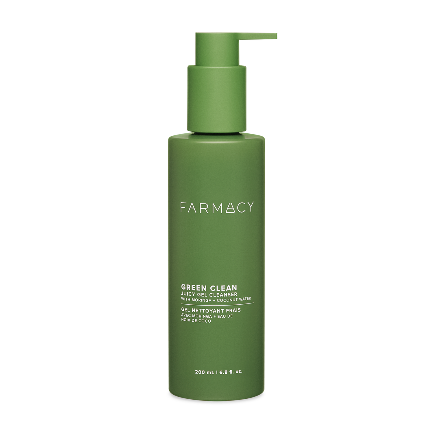 Green bottle of Farmacy Beauty Green Clean Juicy Gel 200mL on a white background